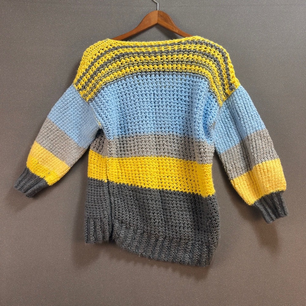 Womens Stripedn Hand Knit Sweater Long Sleeve Round Neck Blue Yellow Gray - Picture 2 of 3